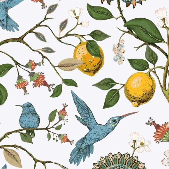 Floral Lemon Hummingbird Curtains Patterned Waverly Mid-Century Style - Picture 2 of 9